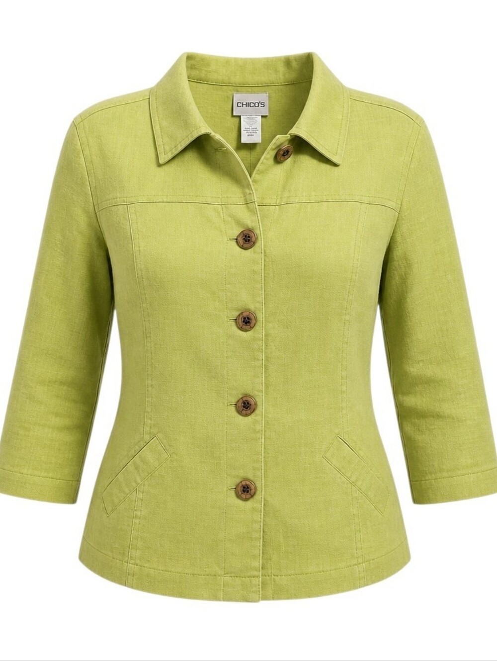 Chico's Blazer Jacket Sz 1 / M Lime Green 100% Linen 3/4 Sleeves Business Casual